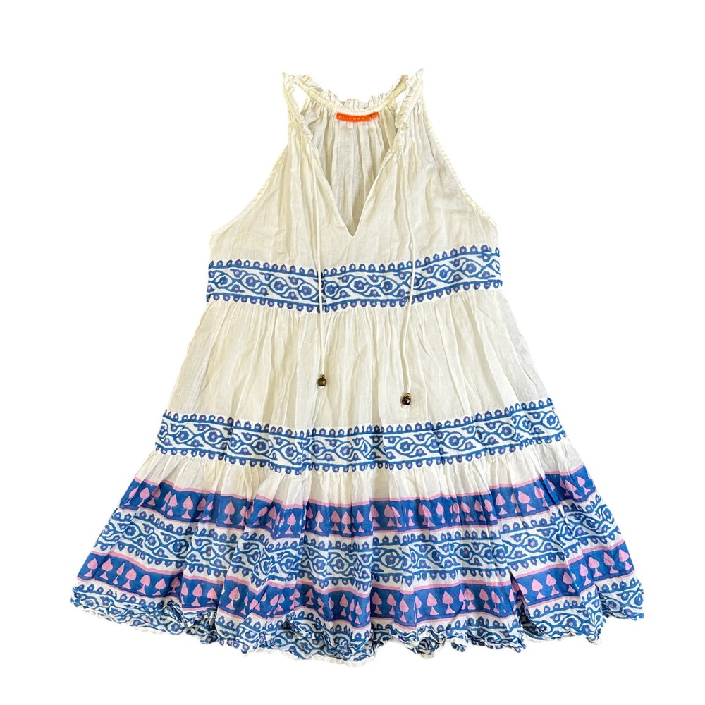 Oliphant White Cotton Block Print Tiered Halter Mini Dress Blue Pink M